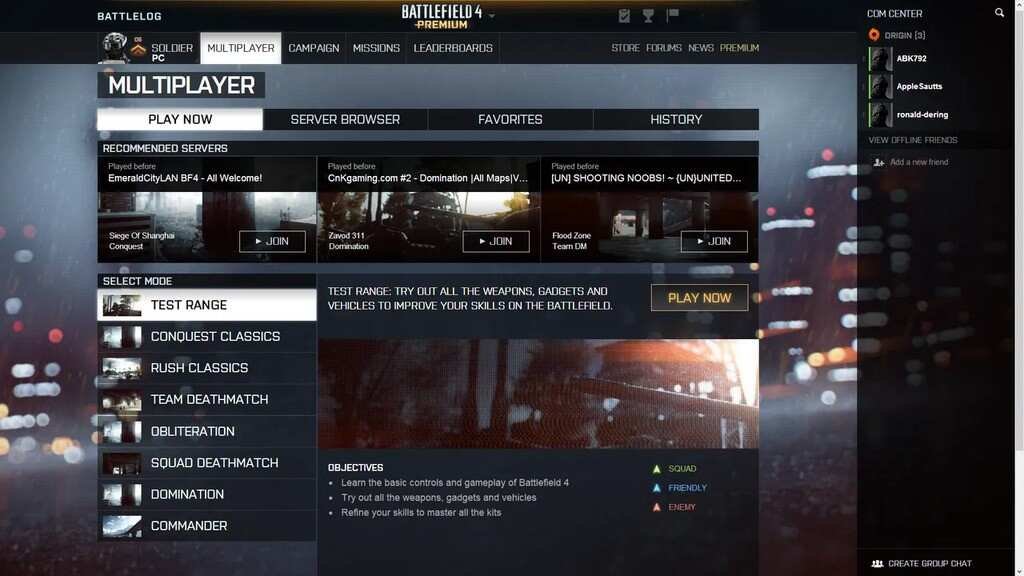 Battlefield 4 PC settings menu showing controller layout and Battlelog browser integration for server browsing and stat tracking.