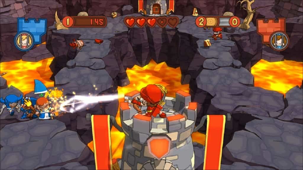 Large multiplayer battle between red and blue teams in a medieval castle map