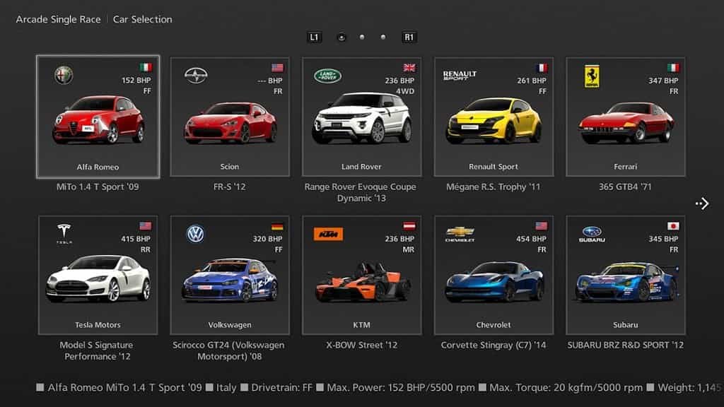 Full car list featuring over 1200 vehicles and motorsport classes