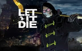 Official cover art for LET IT DIE PC featuring Uncle Death on a skateboard against the backdrop of the Tower of Barbs.