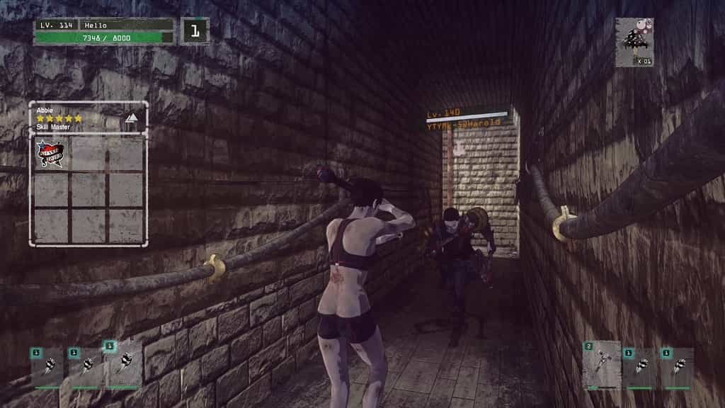 Third-person gameplay of a Fighter using a buzzsaw weapon to fight a Screamer in the gritty, industrial corridors of the Tower of Barbs.