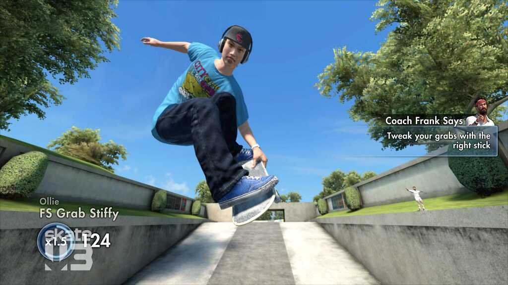 Close-up Skate 3 gameplay capture demonstrating foot placement control and advanced trick execution during a street run