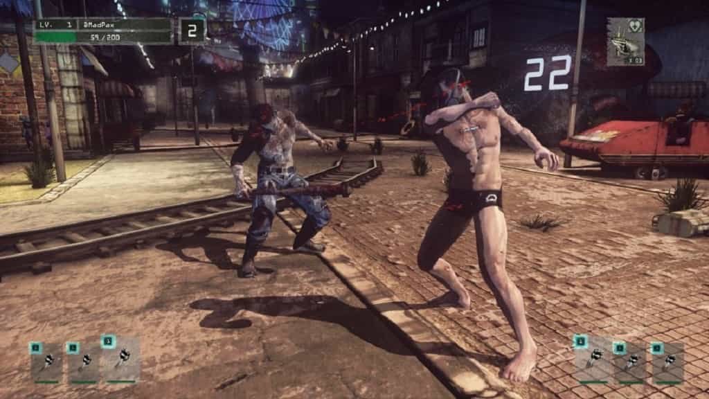 A high-level Fighter in Let It Die engaging the Forceman boss Red Napalm in her industrial arena, showcasing the chaotic projectile-based combat of the late-game nightmare difficulty.